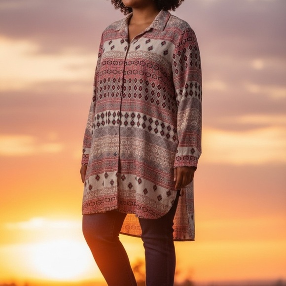 Chico's Tops - Chico's Red and Gray Patterned Tunic